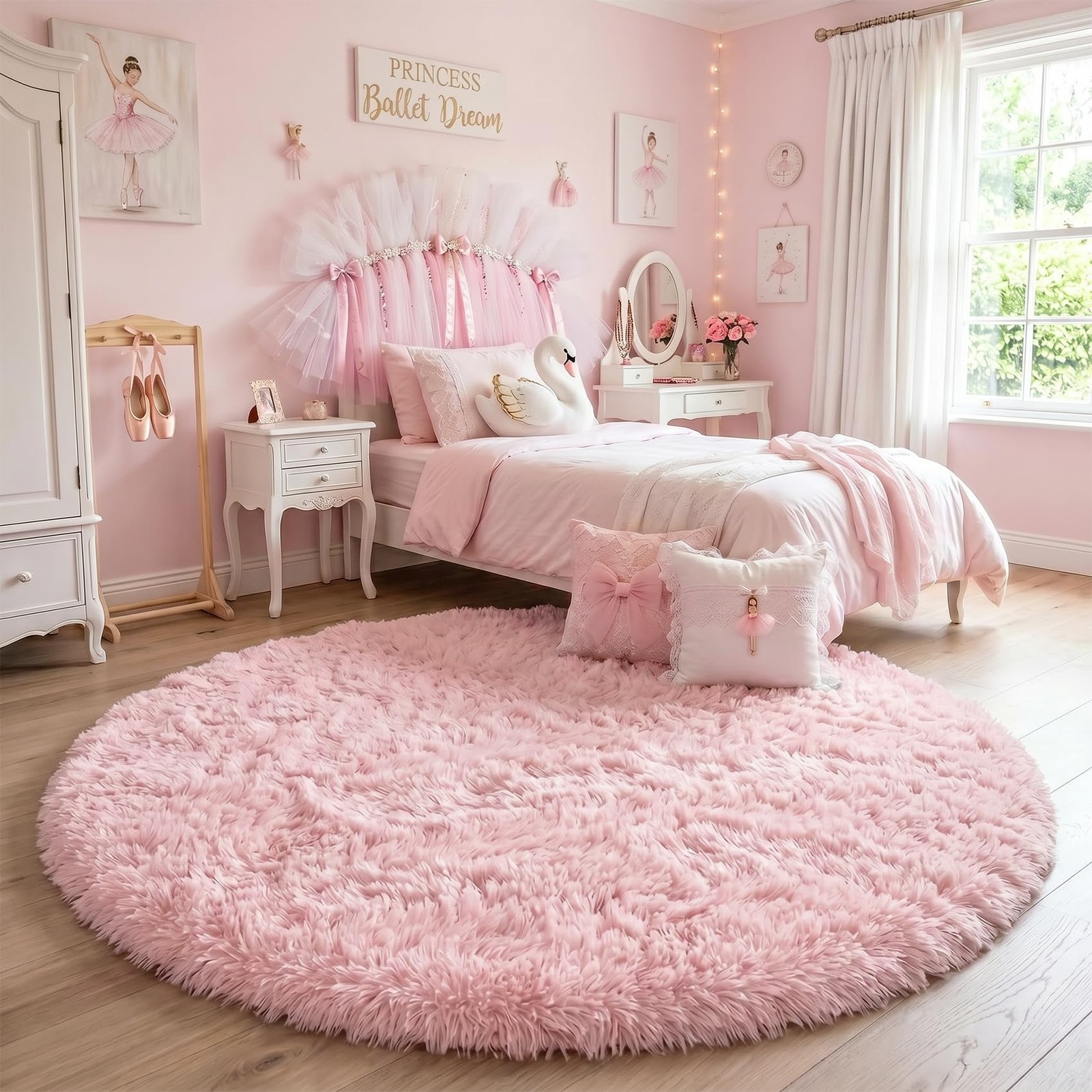 Light Pink Round Circle Rug 4Ft for Girls Bedroom, Fluffy Cute Area Rugs for …