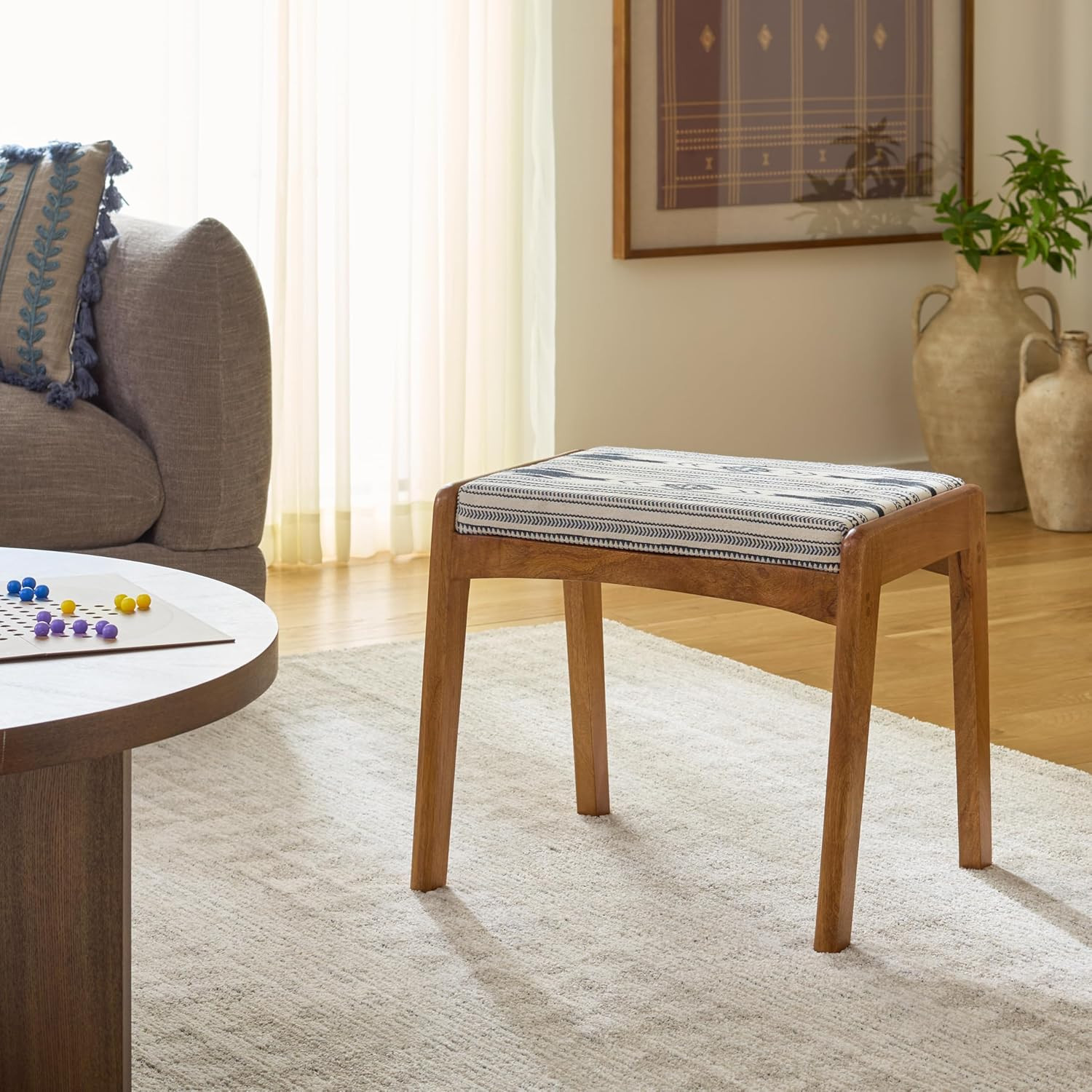 Boho Tribal Navy & White Ottoman with Natural Wood Frame – Fully Assembled