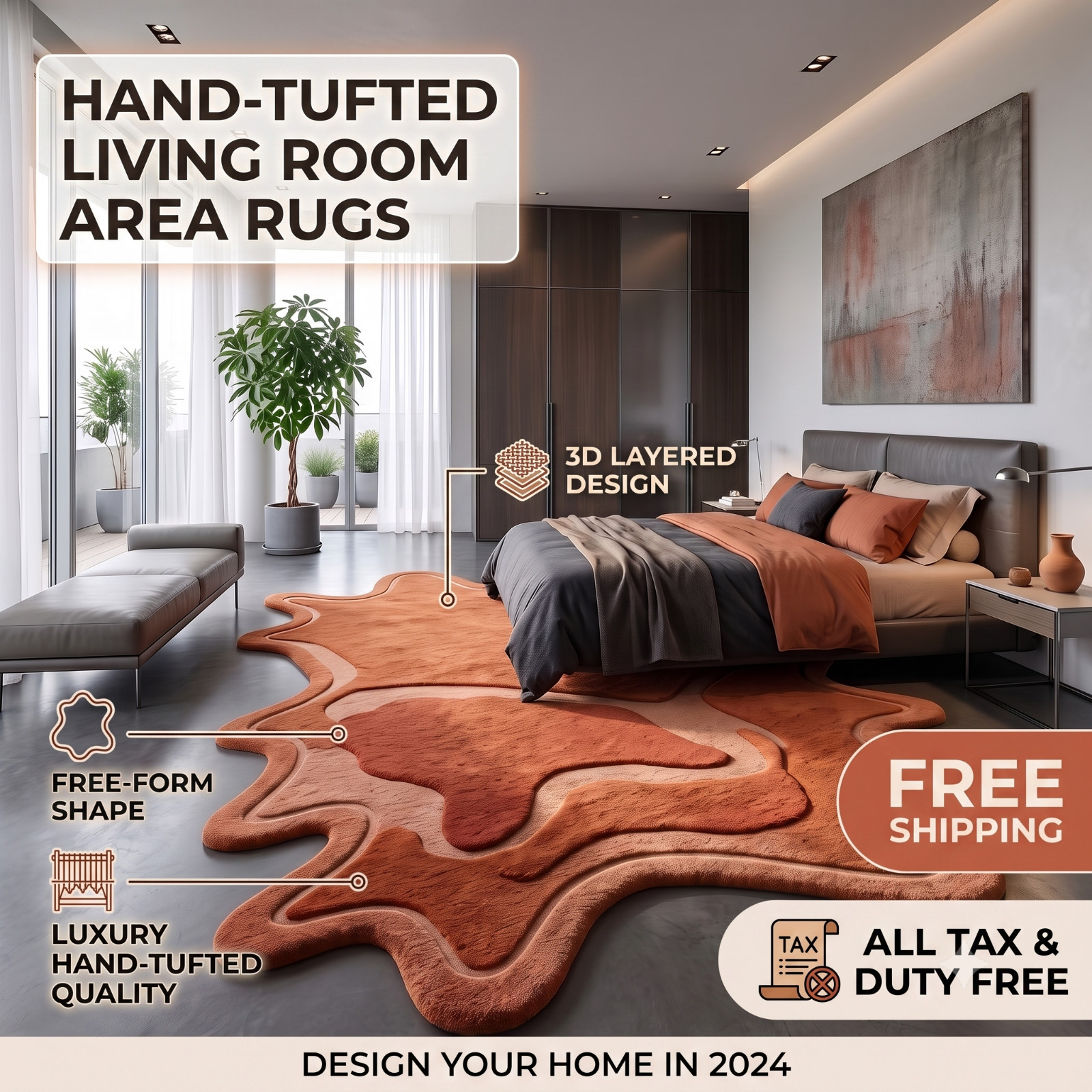 9×12 Hand Tufted Wool Area Rug Modern Irregular Shape Carpet Handmade Decor