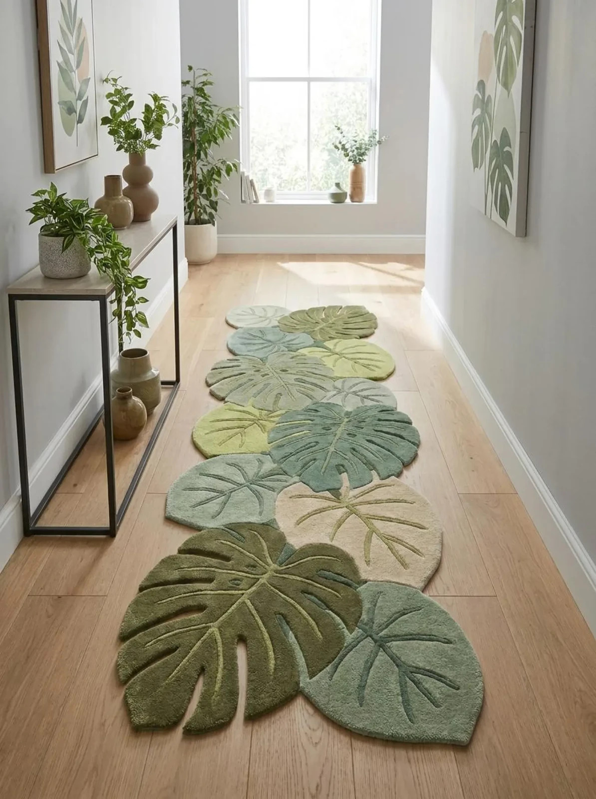 Hand Tufted Leaf Runner Rug, Botanical Hallway Carpet, Monstera Tropical Runner