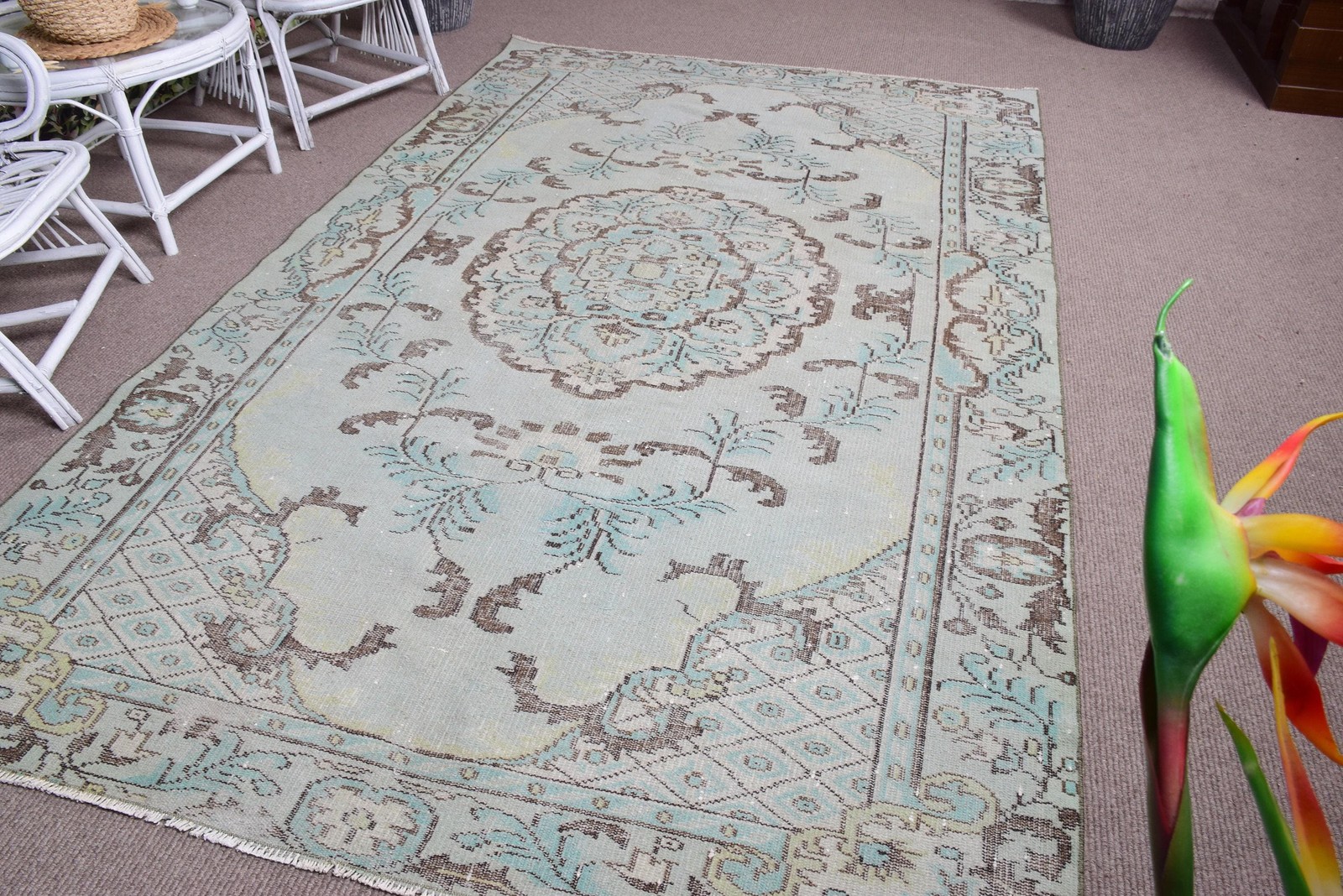 Vintage Rug, 5,7×9,5 ft Large Rug, Blue Striped Wool Turkish Rug