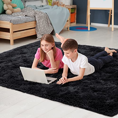 Fluffy Bedroom Rug Carpet,Shaggy Fuzzy Rugs for Bedroom,Soft 4×5.3 Feet Black