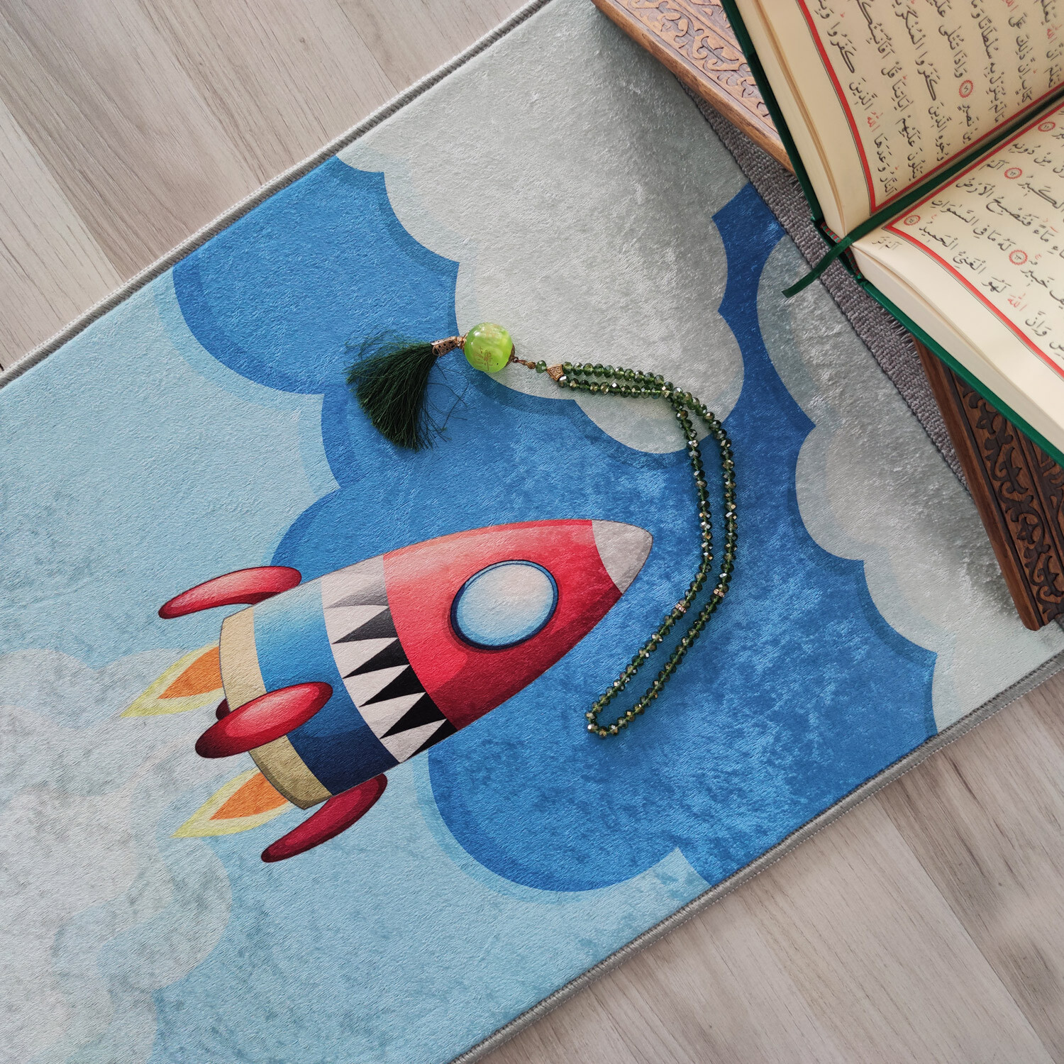 Kids Personalized Spaceship & Clouds Foam Padded Praye, Anti-Slip Mat, 416 Blue