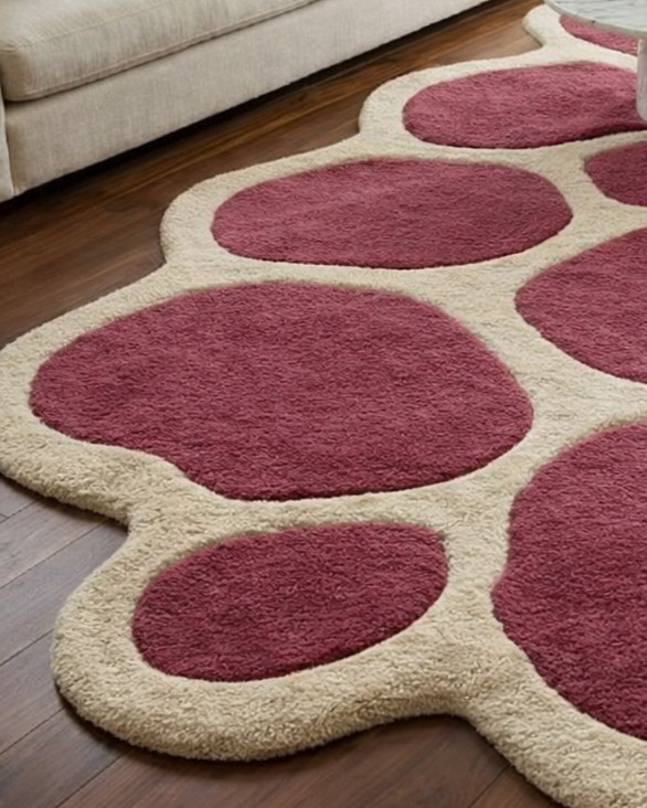 Soft shaggy abstract rug cream and rose pink stone pattern floor carpet.