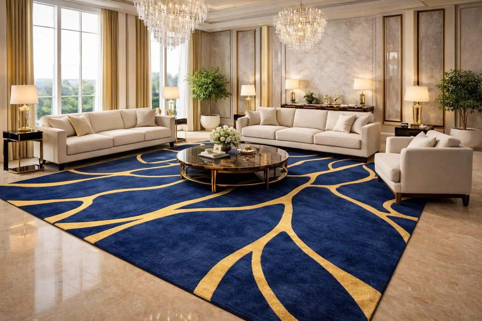 Handmade Navy & Gold Abstract Rug – Modern Tufted Carpet for home decor Rugs