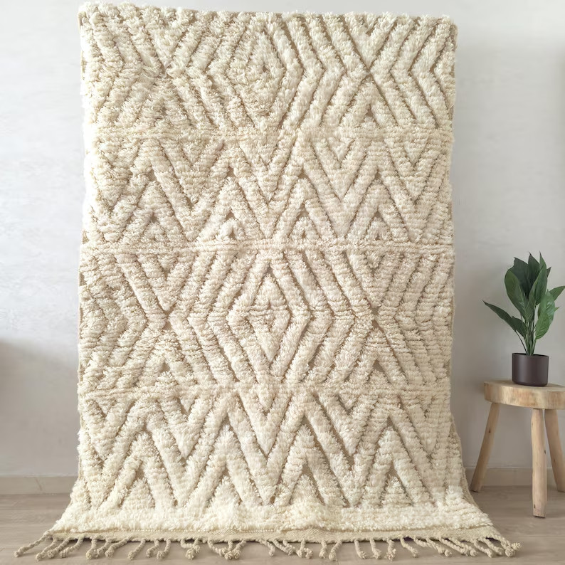 Handmade Moroccan Wool Rug White Berber Beni Ourain Shag Area Rug Boho Carpet