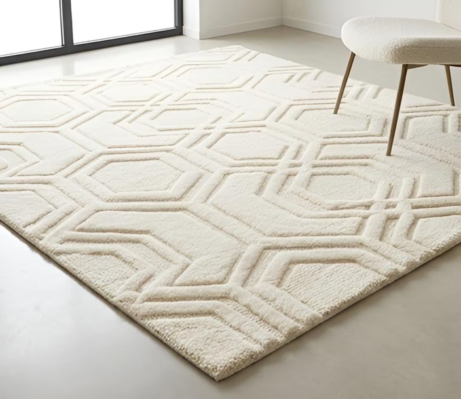 Ivory Geometric Wool Rug, Hand-Tufted Hexagon Pattern Carpet, Textured Living