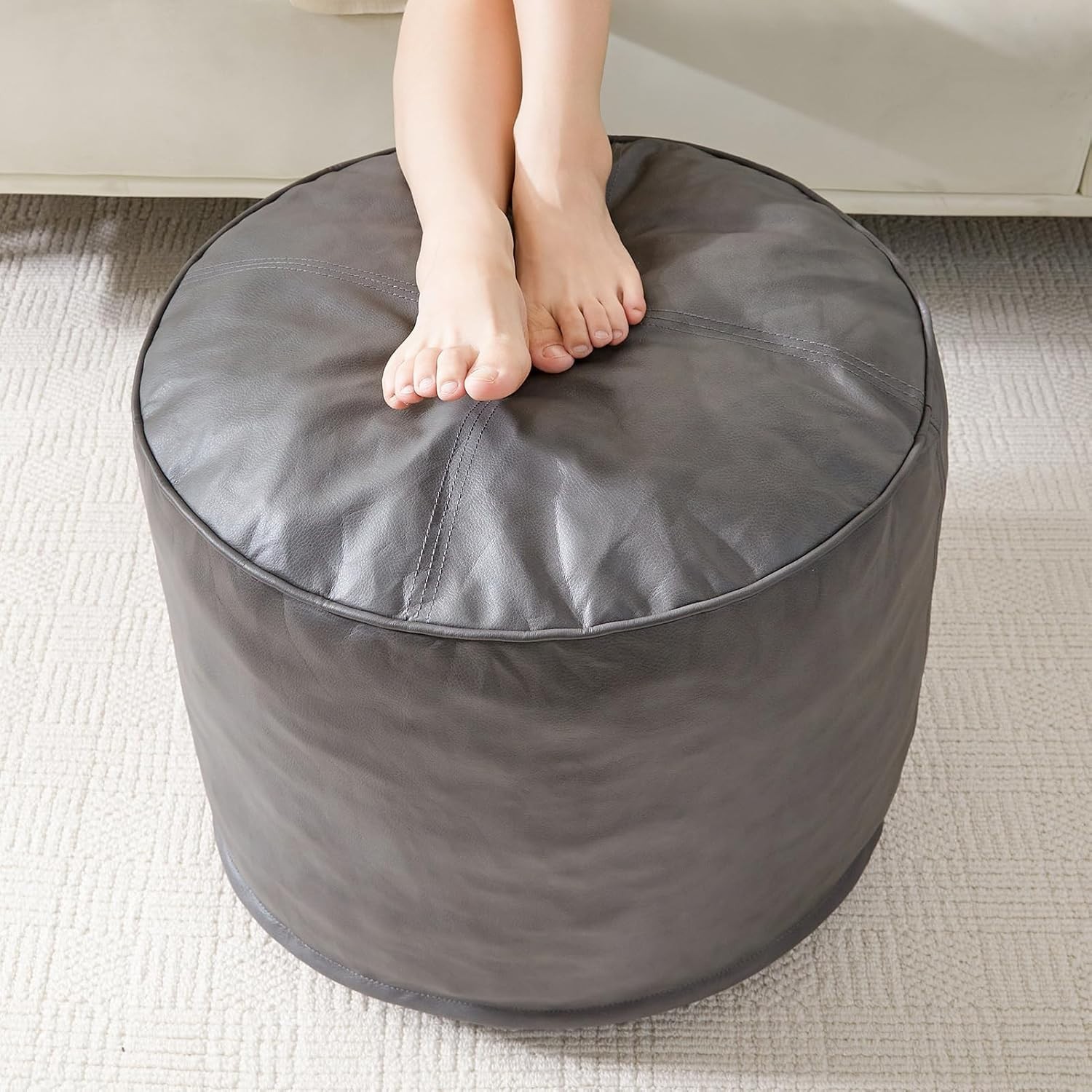 Round Stuffed Pouf Ottoman Pu Leather Poufs with Foam Chunk Filling, Furry Fluff