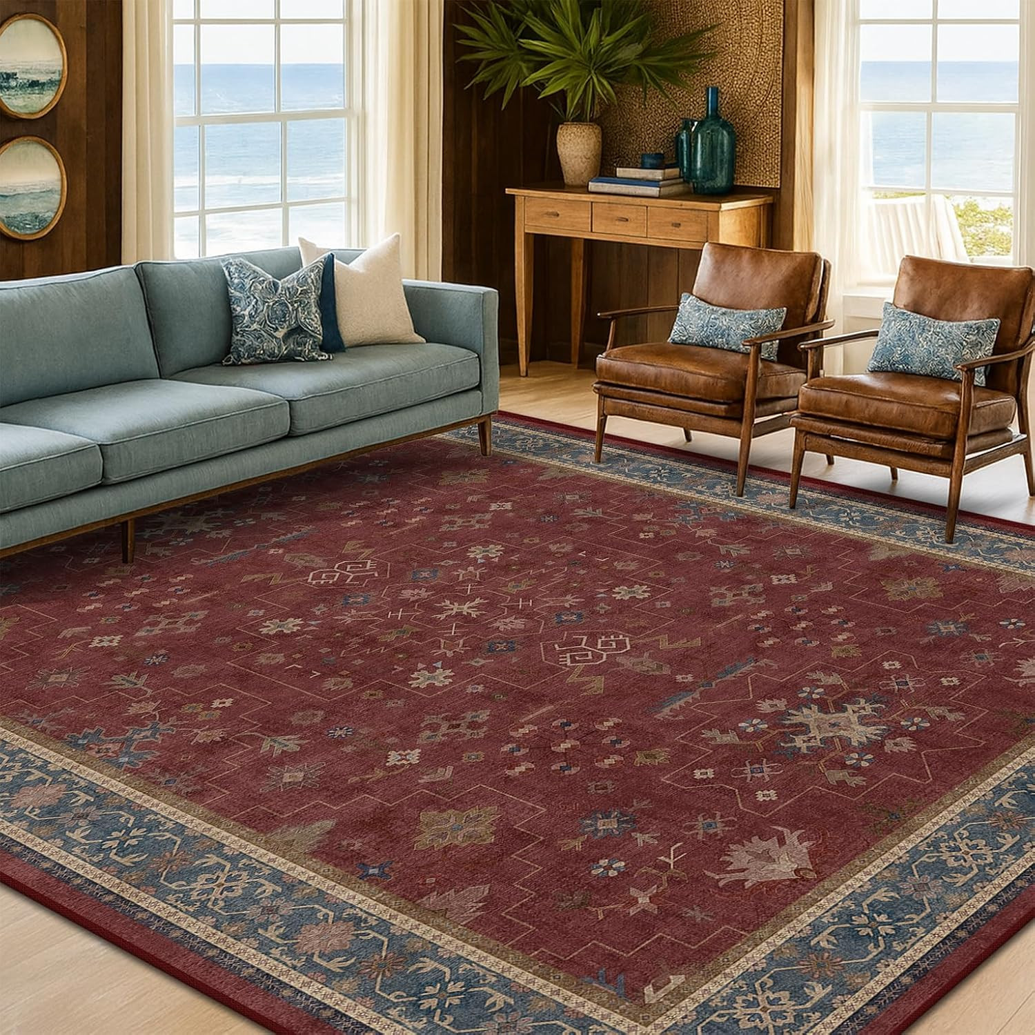 6X9 Dining Room Rugs for under Table – Vintage Burgundy Boho Living Room Rug, Li