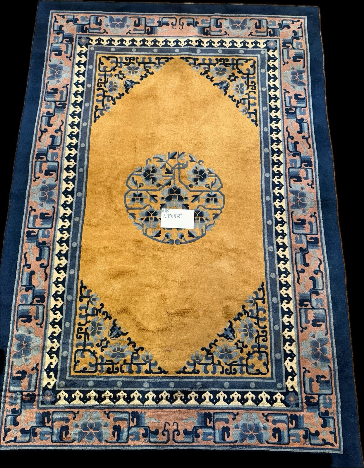 Floral Medallion Area Rug 4’2″ x 6’1″ Gold/Blue/Beige/Pink Fringe