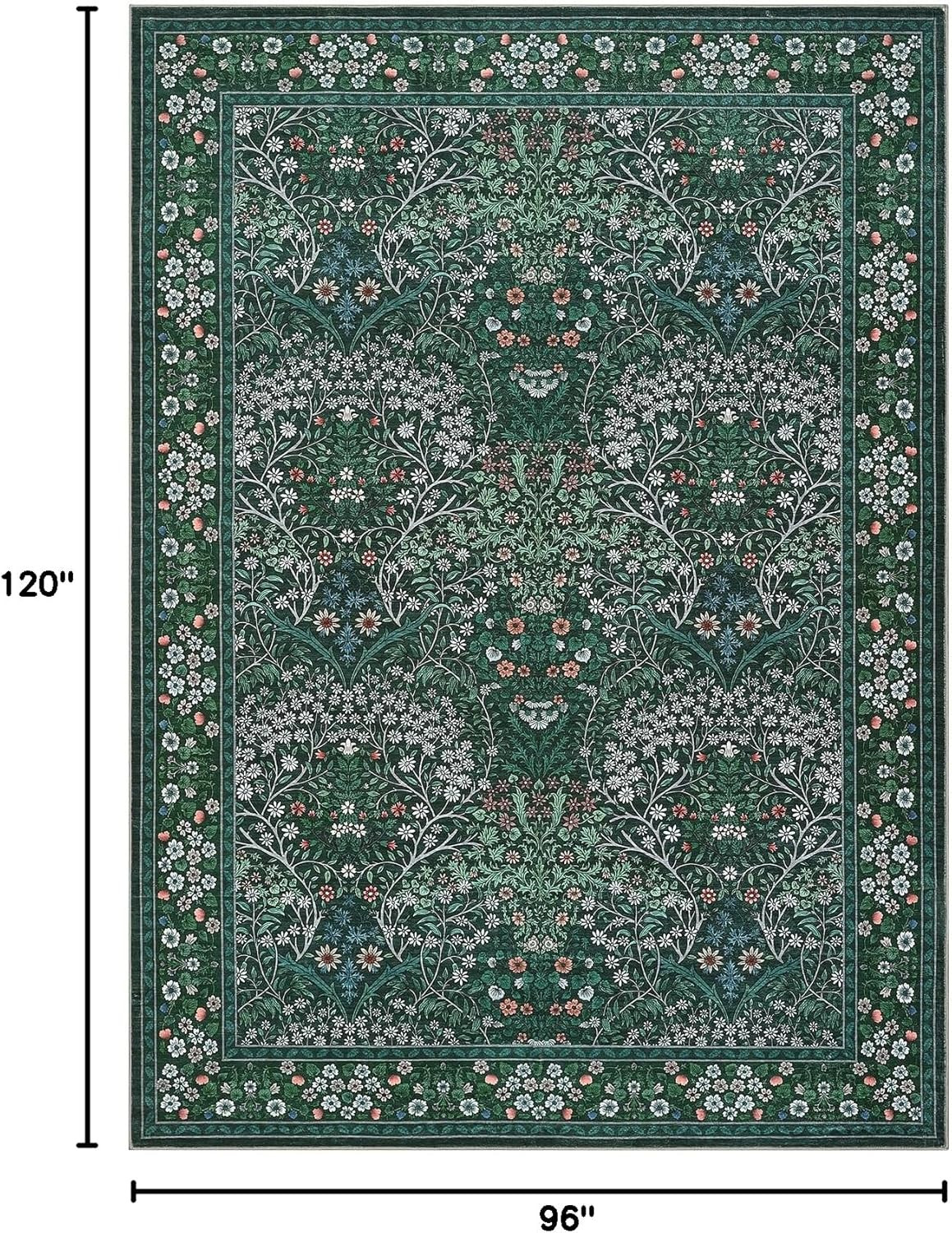 Area Rug 8X10, Easy to Clean Machine Washable Non-Slip Low-Pile Vintage Floral L