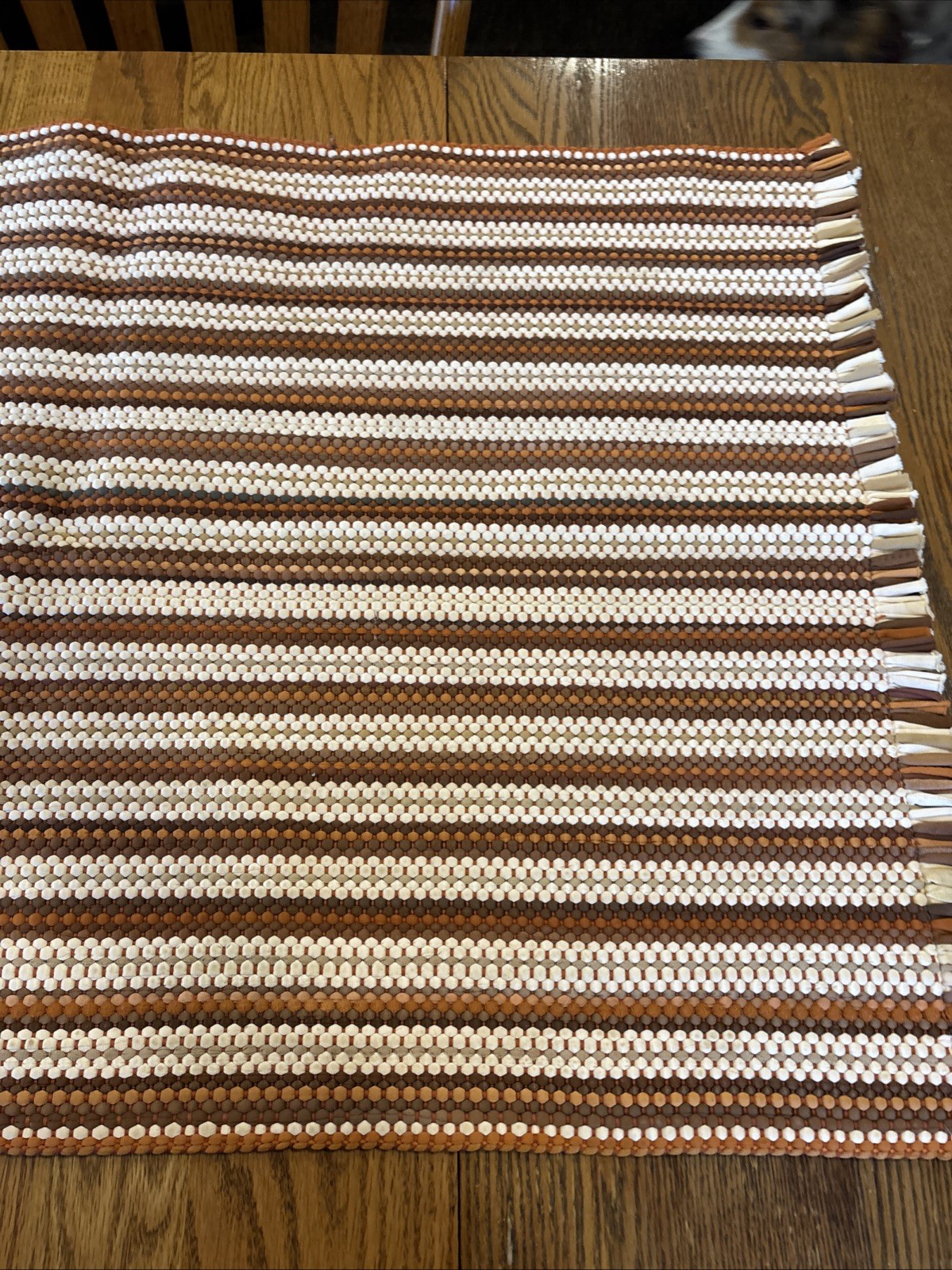 Striped Shades of Brown Woven 24×37” Rag Rug, Fringed Edge, Grannycore Boho