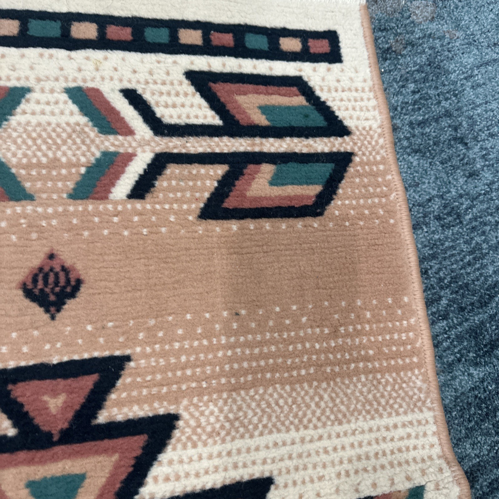 Vintage Southwestern Geometric Accent Rug Peach Teal Black Fringe Boho 39”x23”
