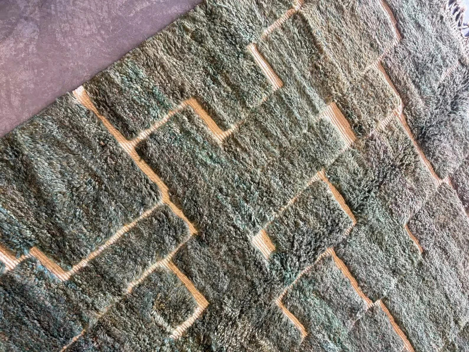 Moroccan Berber Beni Ourain Wool Rug Color Green Handmade Design Carpet Rugs 6×9
