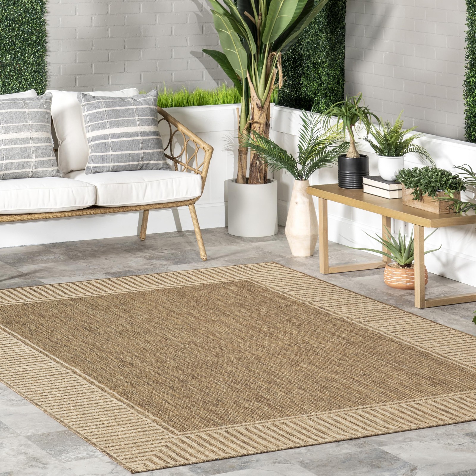Asha Light Brown Rectangular 4×5 Indoor Outdoor Durable Area Rug for Patio