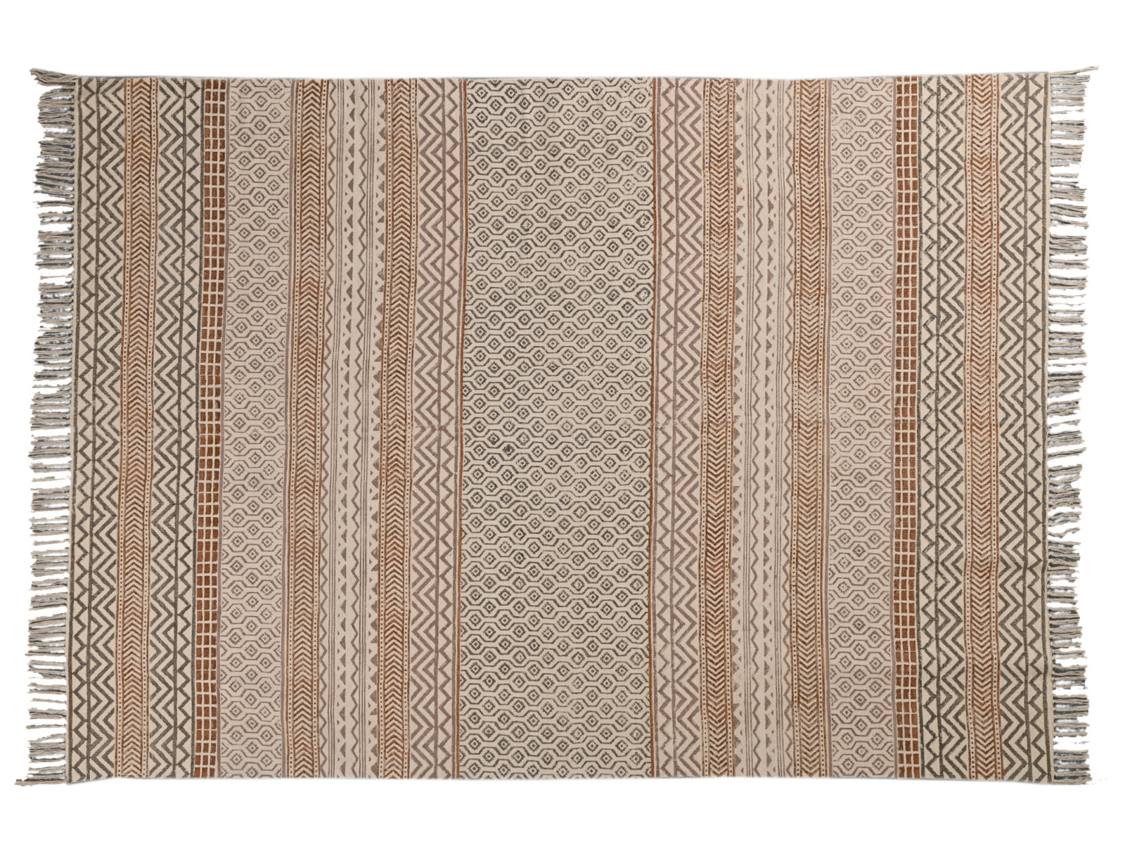 Beige Brown Hand Block Print Cotton Area Rug Boho Farmhouse Carpet Fringe Rug