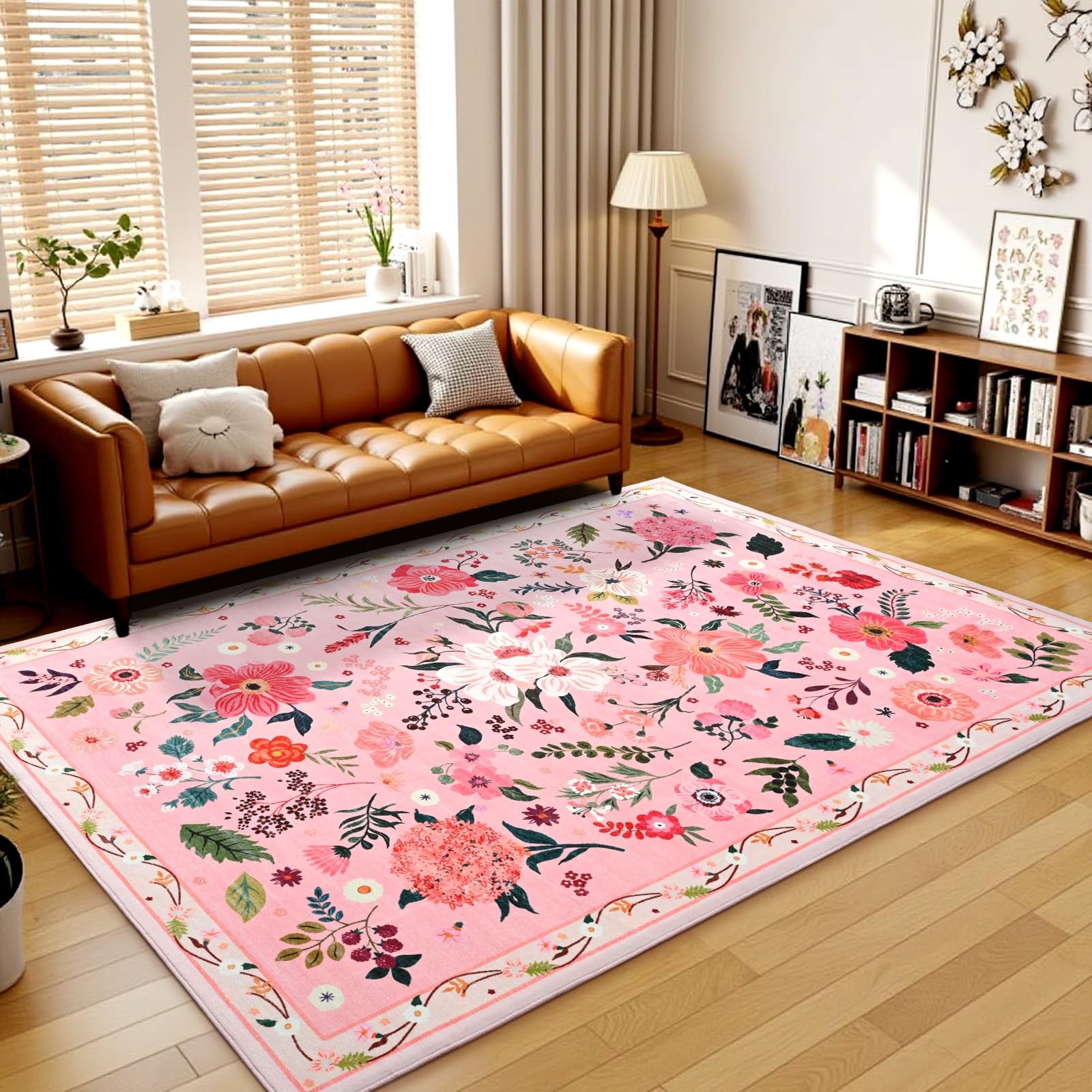 8×10 Pink Floral Area Rug for Living Room,Boho Machine Washable Ultra-Thin Ru…