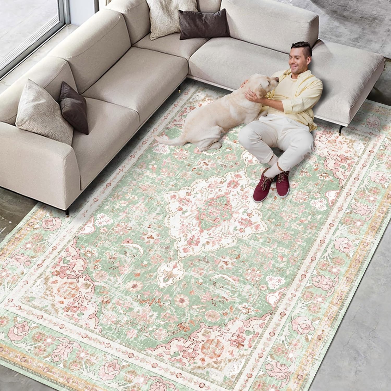 Chic Green and Pink Area Rug 5′ x 7′ – Soft, Durable & Perfect for Modern Homes