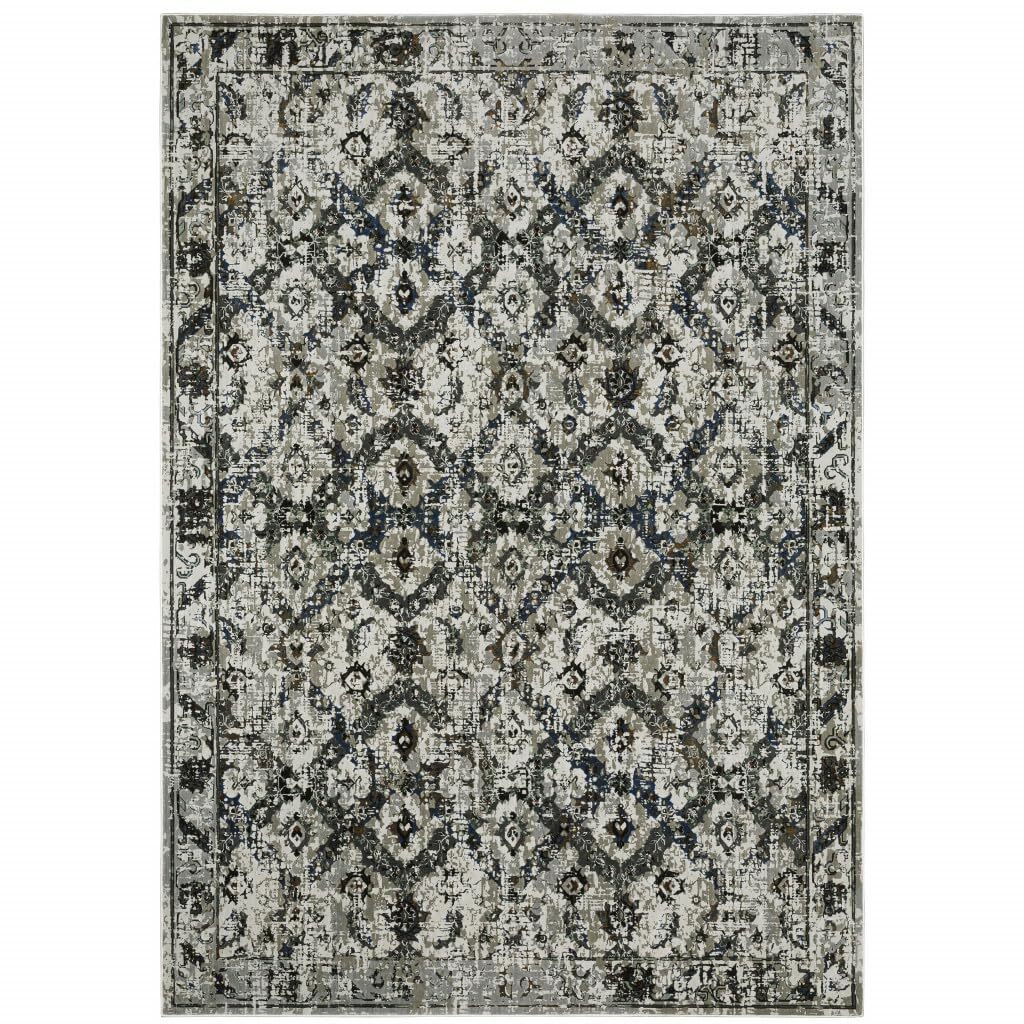 8′ X 11′ Ivory Charcoal Grey Blue Rust Gold And Brown Oriental Power Loom Stain