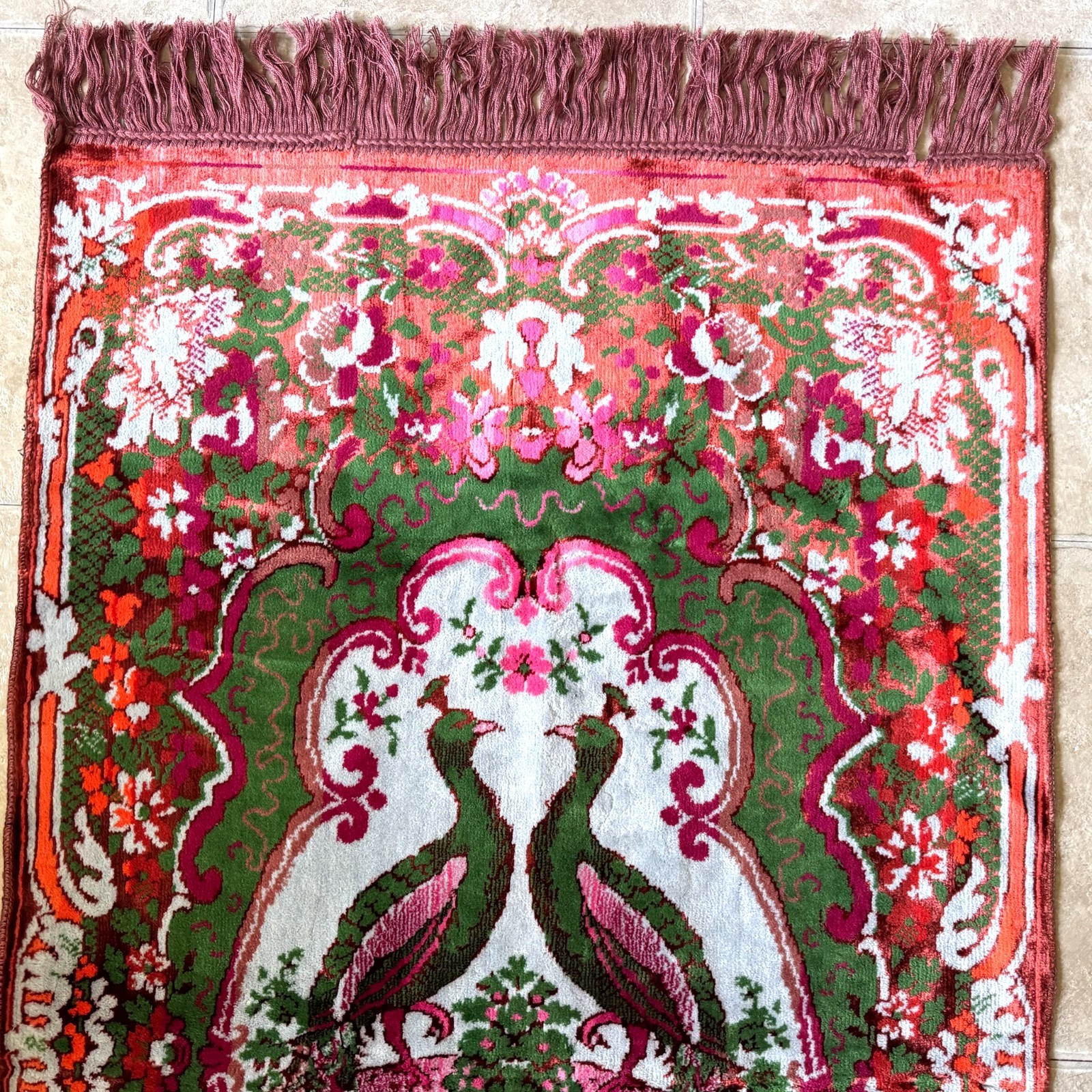 Vintage Silk Shimmer Wall Rug Twin Peacocks Floral Motif Boho Fringe Tapestry