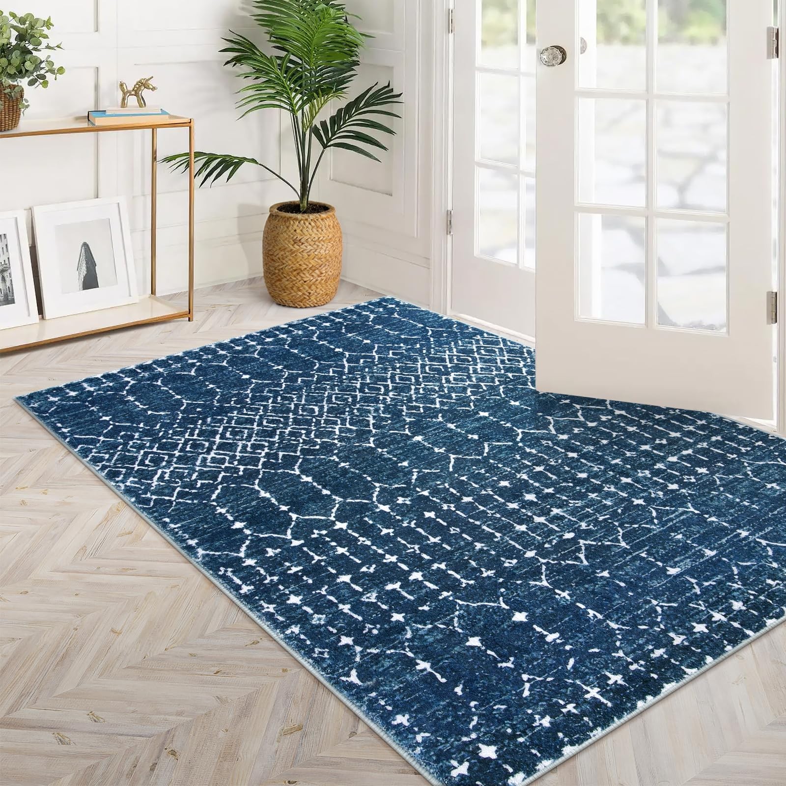 Moroccan Blue 3×5 FT Washable Soft Area Rug NonSlip Floor Mat Indoor Entry
