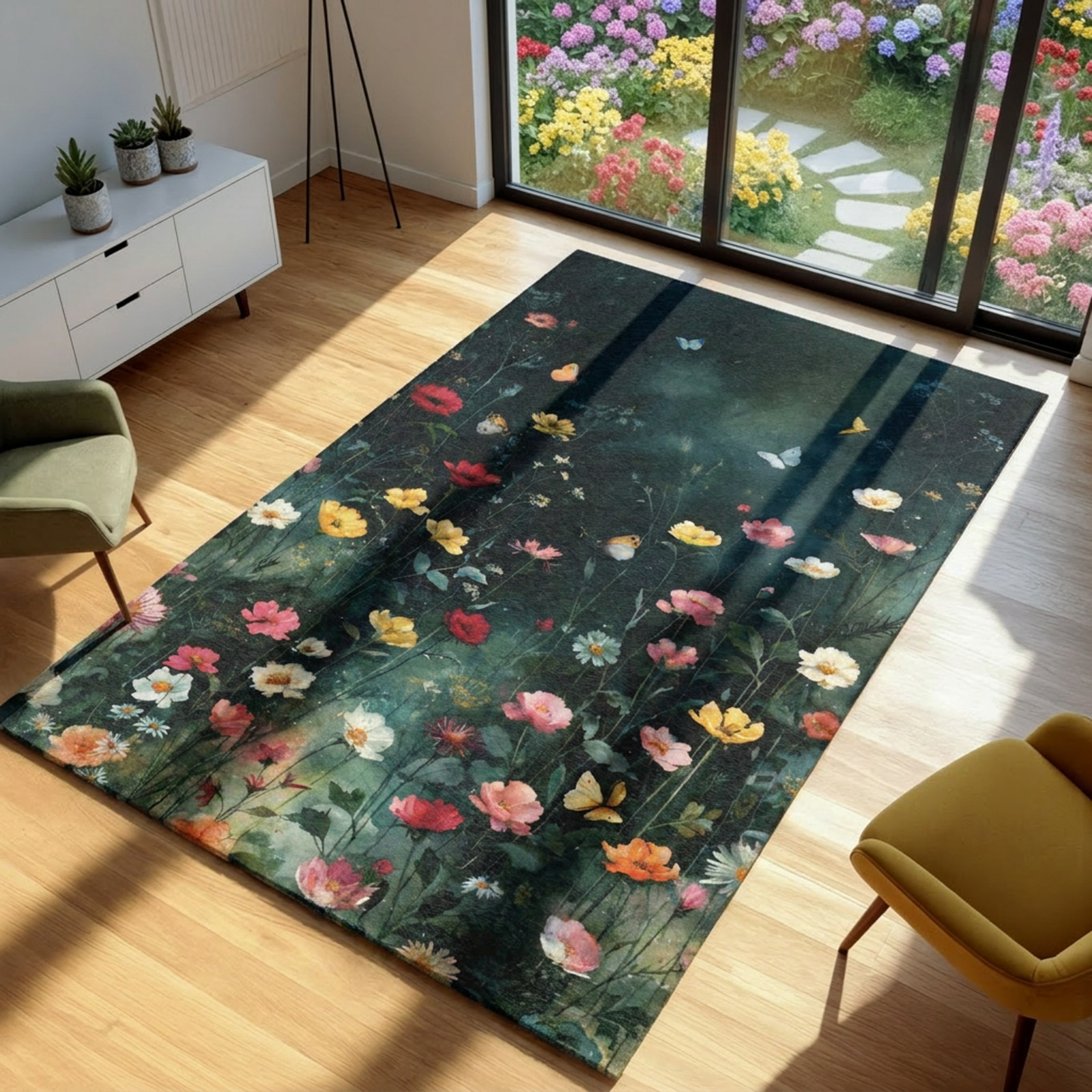 Wildflower Butterfly Area Rug, Dark Floral Botanical Floor Rug, Cottagecore
