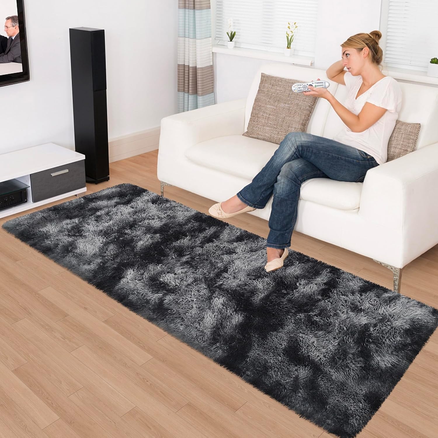 Tie-Dyed Runner Rug for Bedroom Black Grey 2x6ft Fluffy Area Rug Bedside Runner