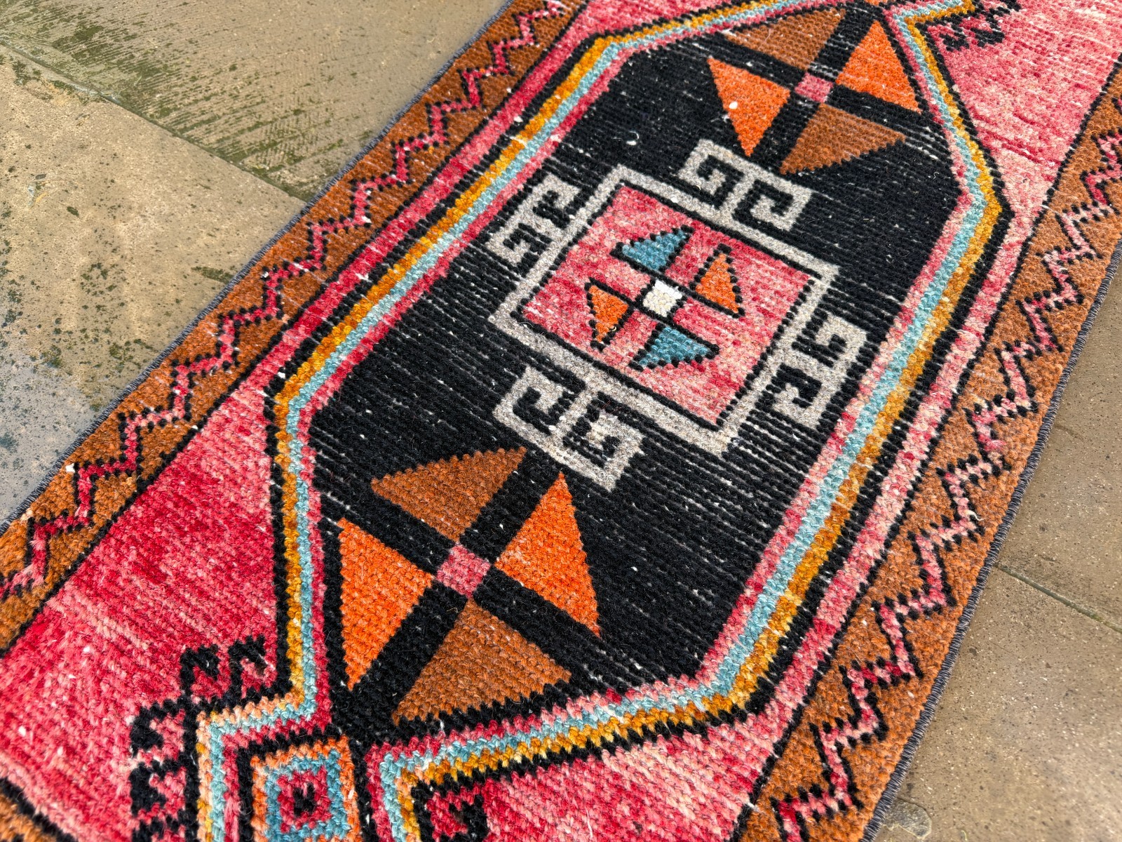 Vintage Kurdish Tribal Rug 1.6×3.3 ft Coral Red Black Geometric Wool Mat