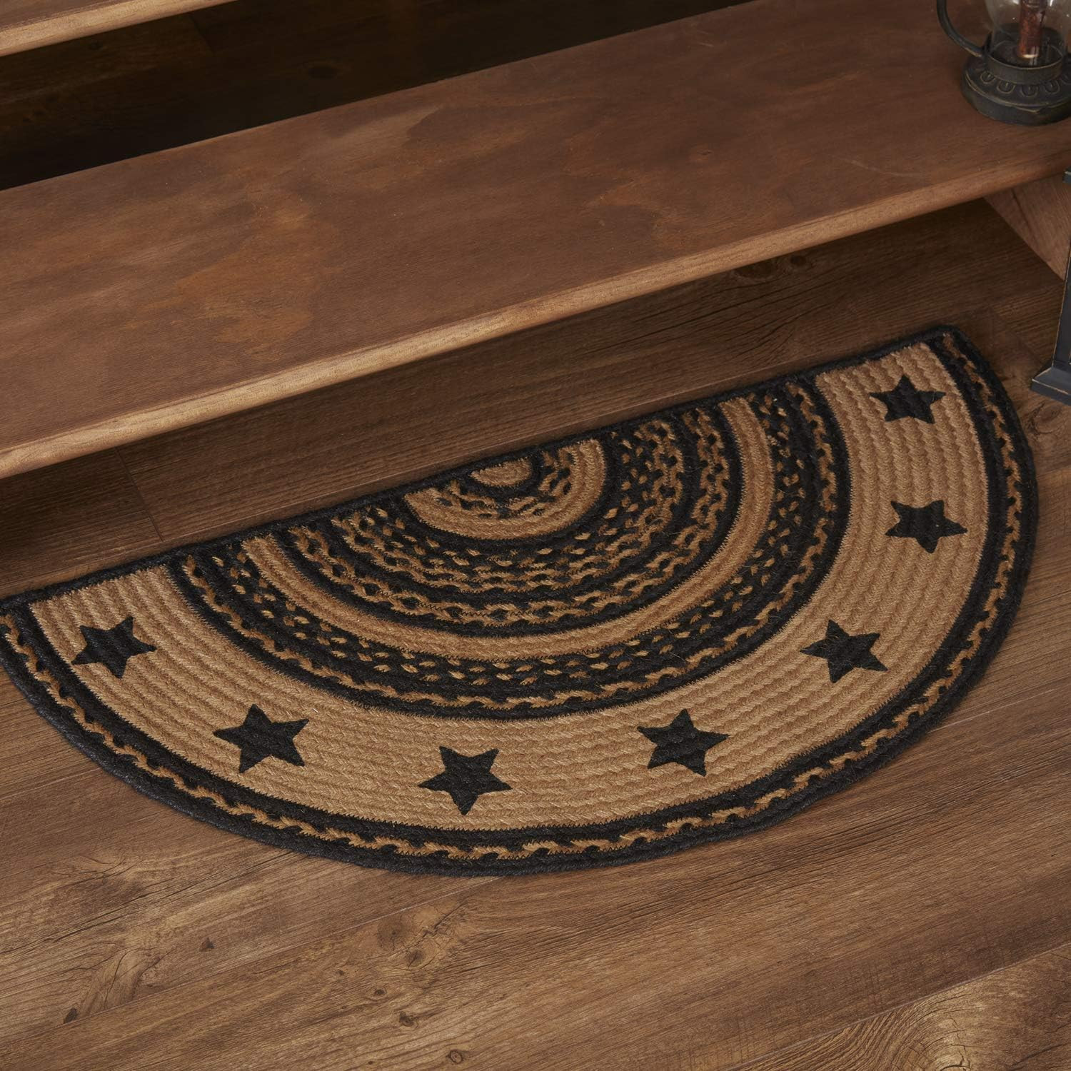 Farmhouse Primitive Jute Accent Rug Half Circle Stencil Stars Border W/Pad 16.5″