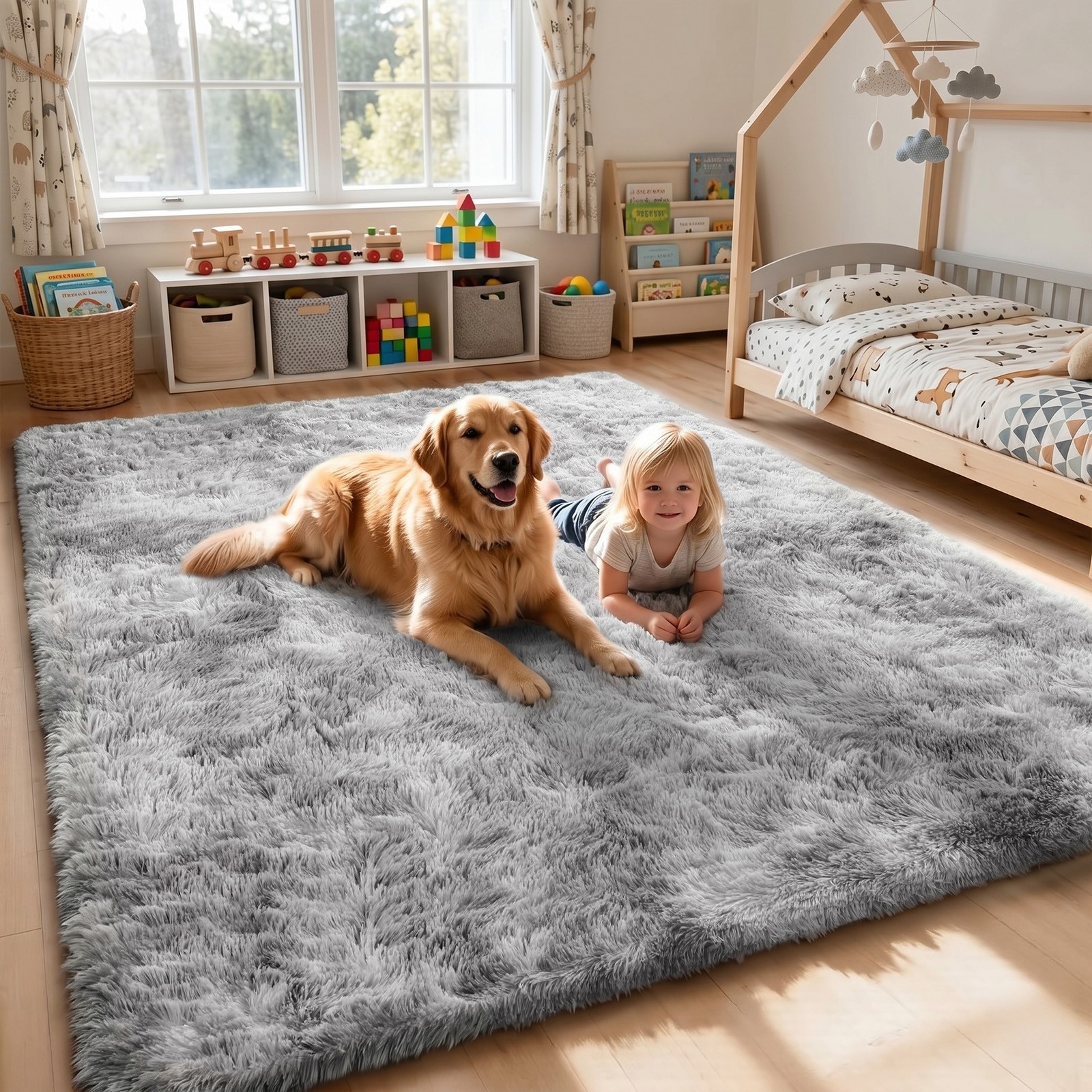 Large Size Shaggy Fluffy Area Rugs Carpets Living room Bedroom Tiedye Light Grey