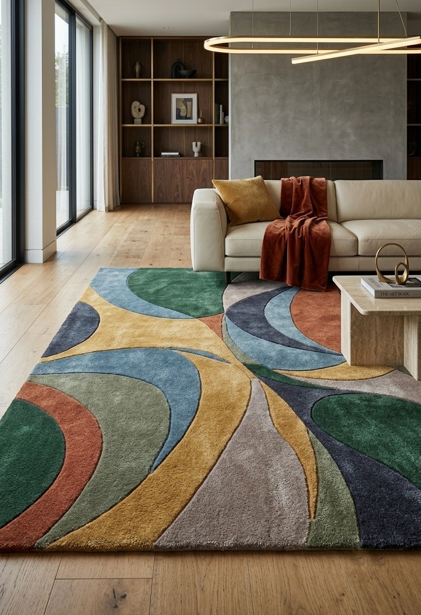 Modern Abstract Hand Tufted Wool Area Rug Green Rust Blue Beige Custom Rug
