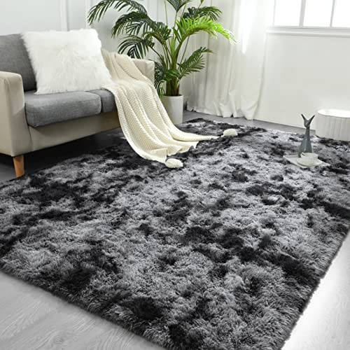 Large Area Rugs for Living Room, 4×6 Feet Tie-Dyed Dark Grey Shaggy Rug