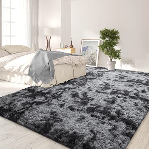 Large Area Rugs for Living Room, 4×6 Feet Tie-Dyed Dark Grey Shaggy Rug