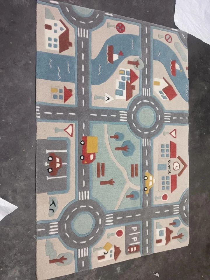 Kids City Road Play Rug | Hand Tufted Wool Playmat | Educational Car Track Rug