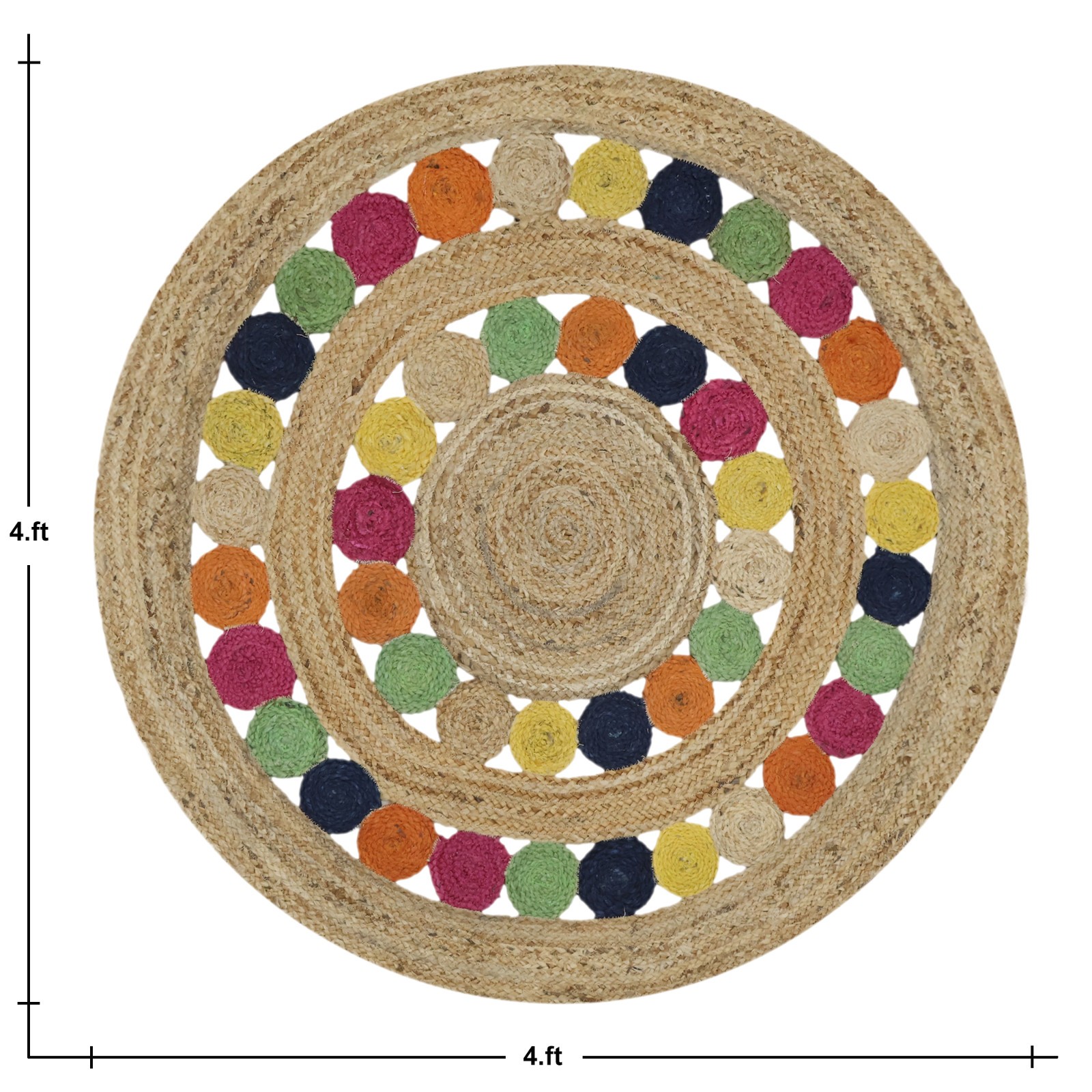 3×3 ft Round Jute Rug, Multicolor Braided Handmade Natural Fiber Carpet, Living