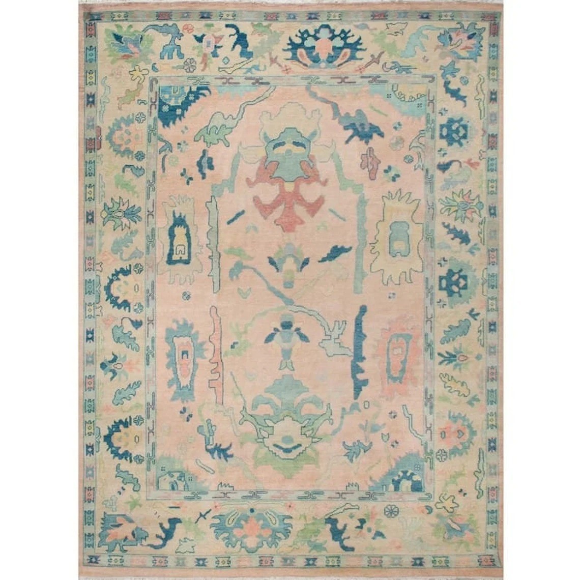 Vintage-Look Hand-Knotted Wool Rug – Pastel Pink & Teal Transitional Decor