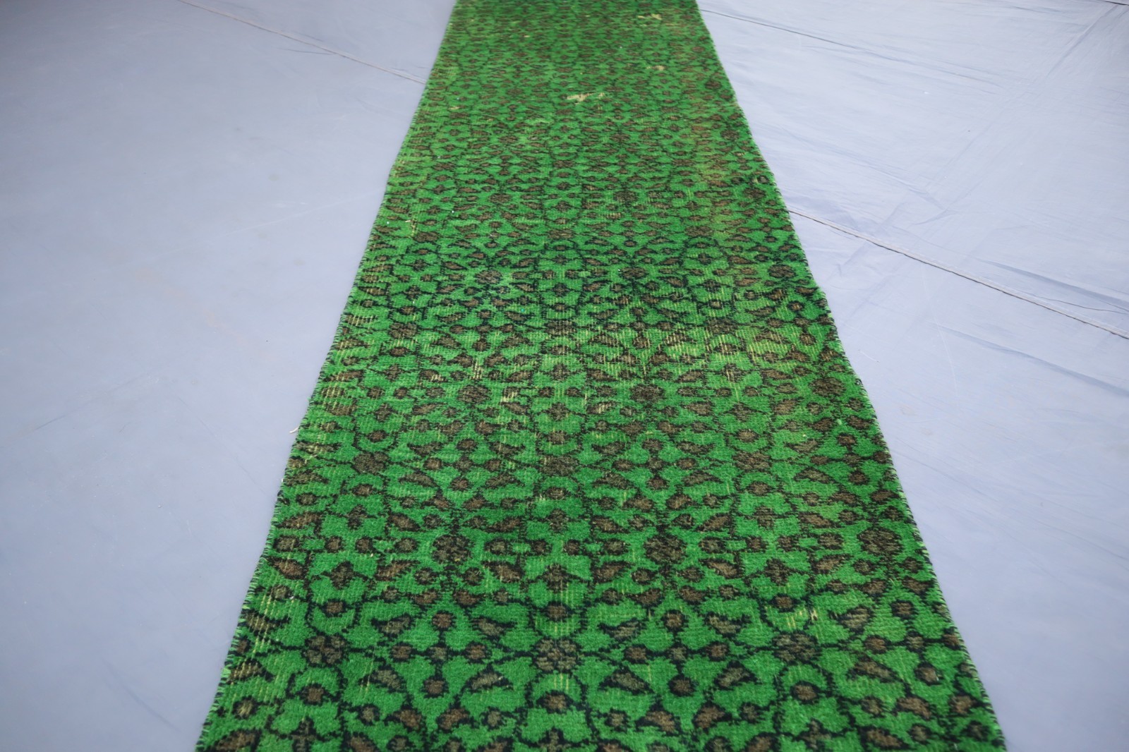 Green Runner rug 2’2×13’8 ft Afghan Overdyed Hand Knotted Narrow Runner Rug
