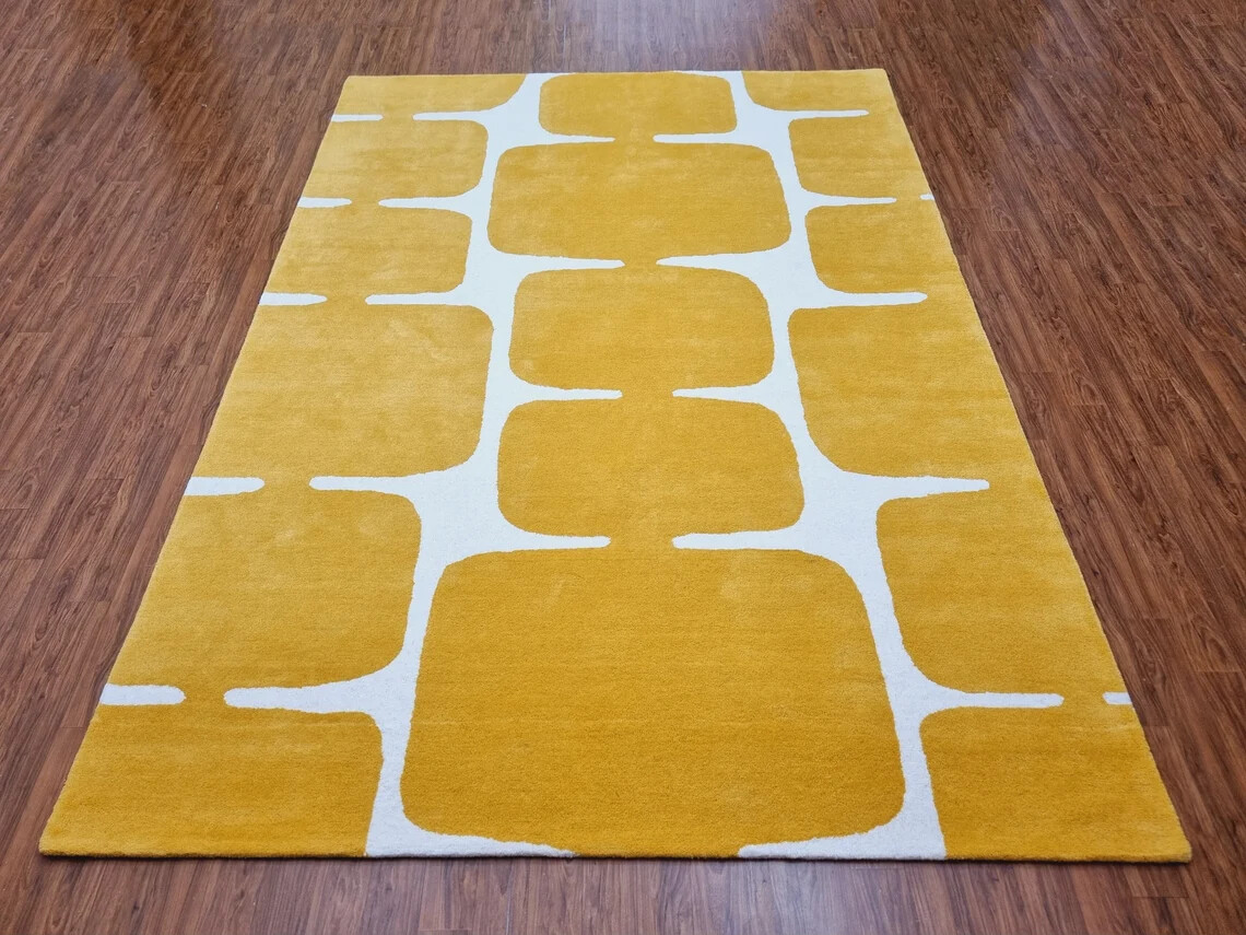 Art Deco Indian Area Rugs 8 x 10 Feet Yellow Abstract Hand Tufted Wool Carpet