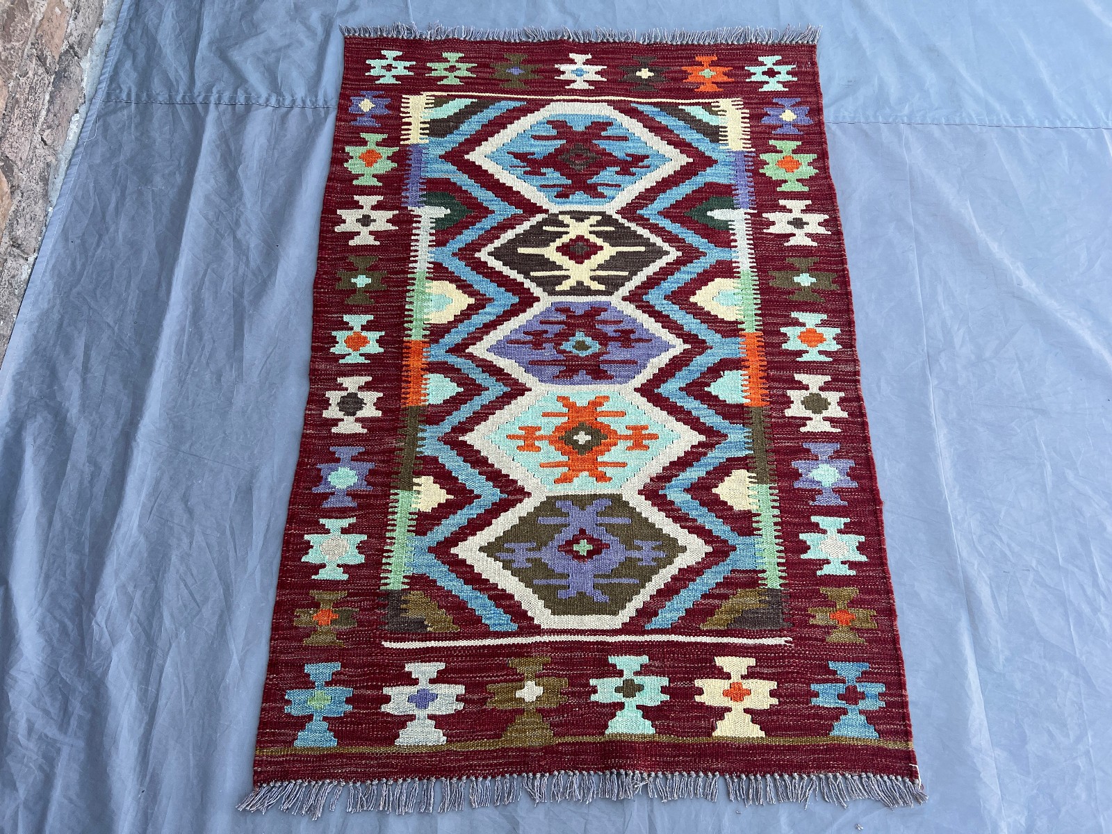 Nomadic Tribal Boho Multicolor Wool Kilim Rug 3’4 x 4’10 – Handwoven Folk Style