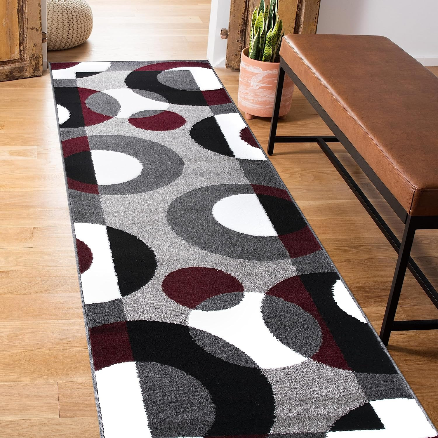 Circles Modern Soft Living Room Runner Rug Burgundy 2′ X 7’2″ | Rectangular, Siz