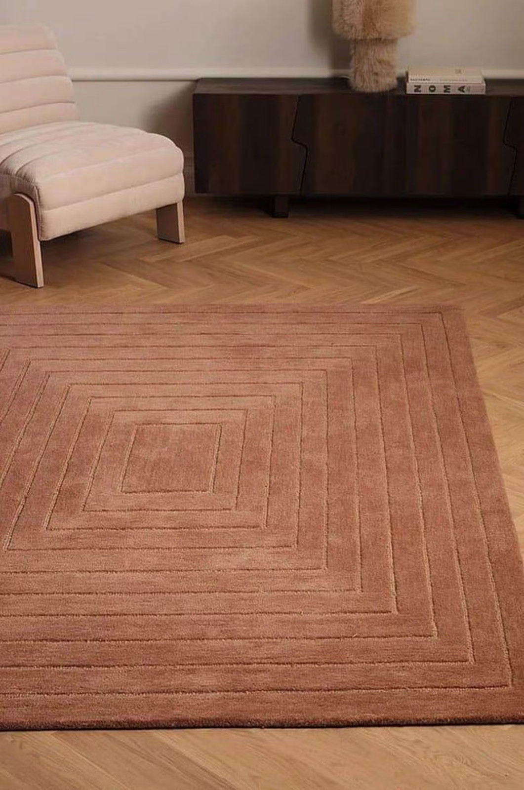 Hand Tufted Wool Rug, Modern Geometric Square Design, Minimalist Terracotta Rug
