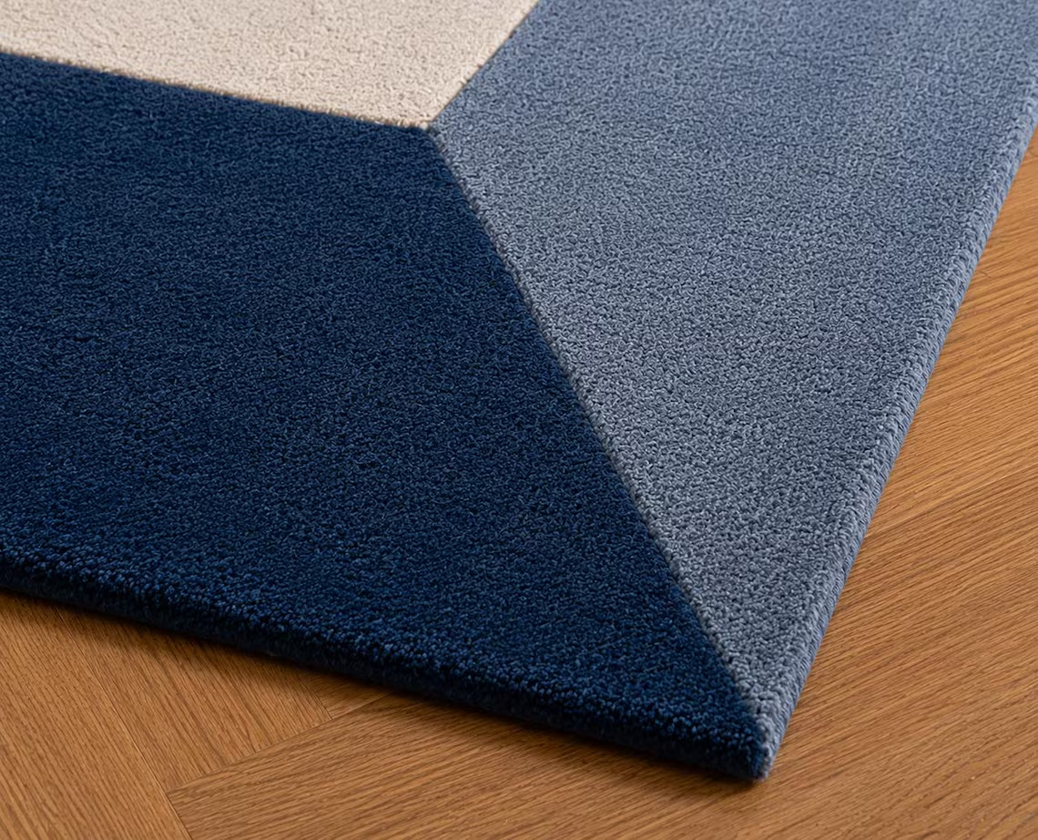 Contemporary Hand Tufted Wool Rug Geometric Multicolor Navy Rust Pink Area Rug.