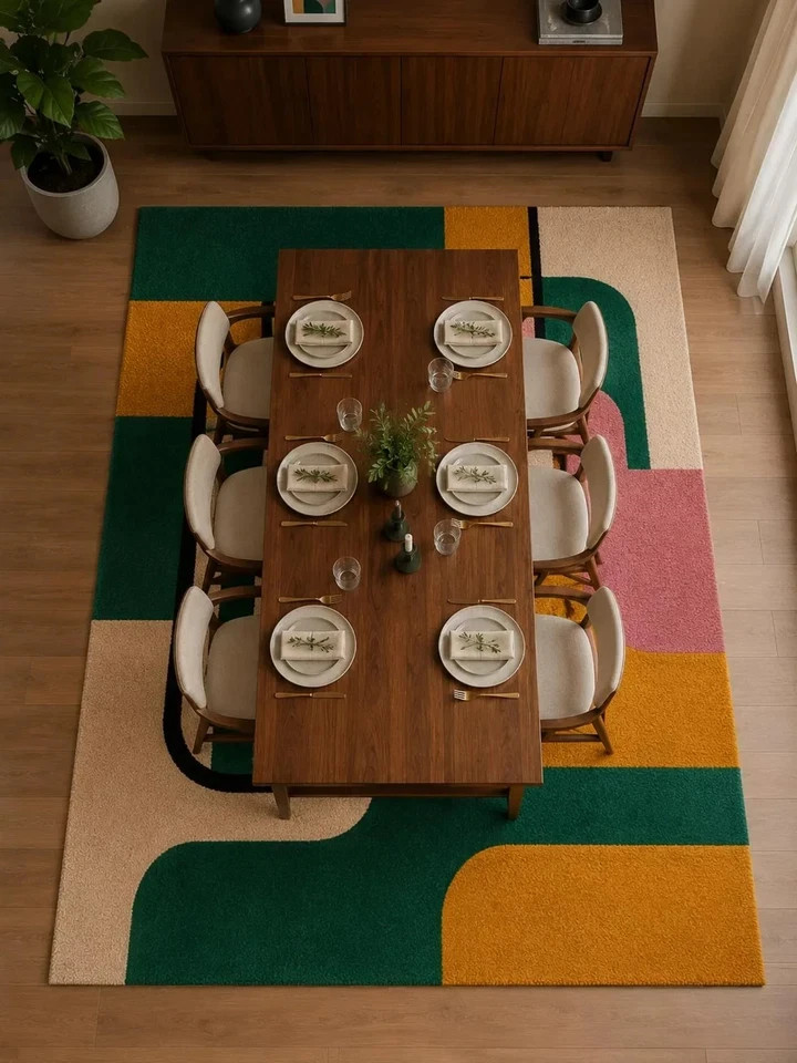 Hand Tufted 100% Wool Geometric Abstract Green Mustard Pink Cream Black Rug etc