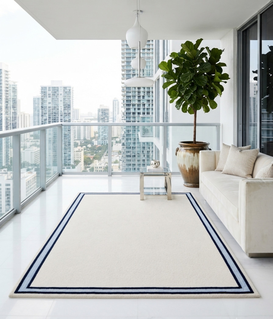 Hand Tufted Wool Rug Ivory Navy Border Handmade Area Rug