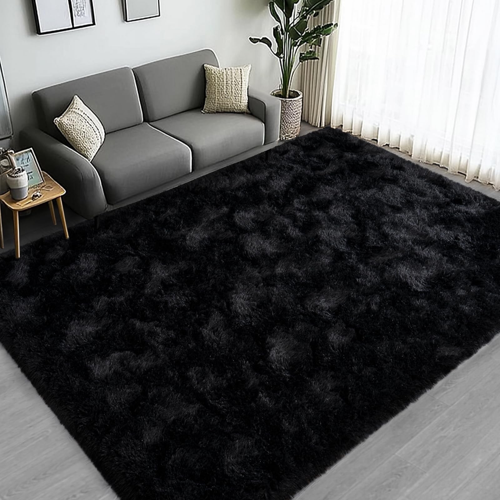 Large Area Rugs for Living Room Bedroom, 5×7 Feet Black Fluffy Shag Rugs, Ultra