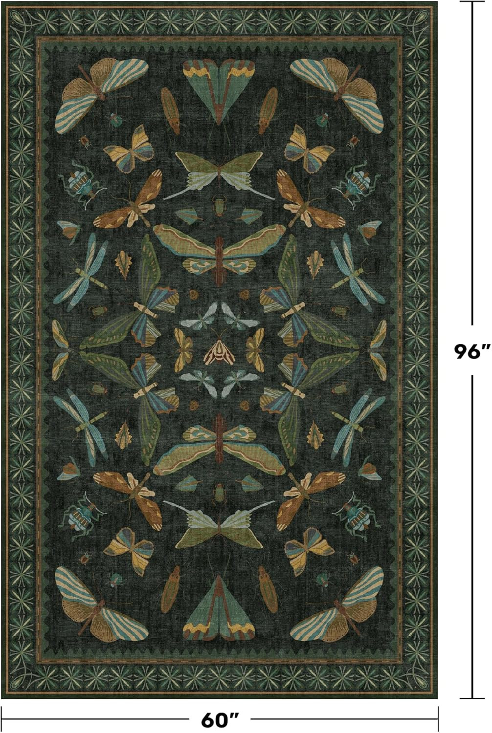 Black and Green 5×8 Washable Rug – Stylish Floral Moth Design for Any Room