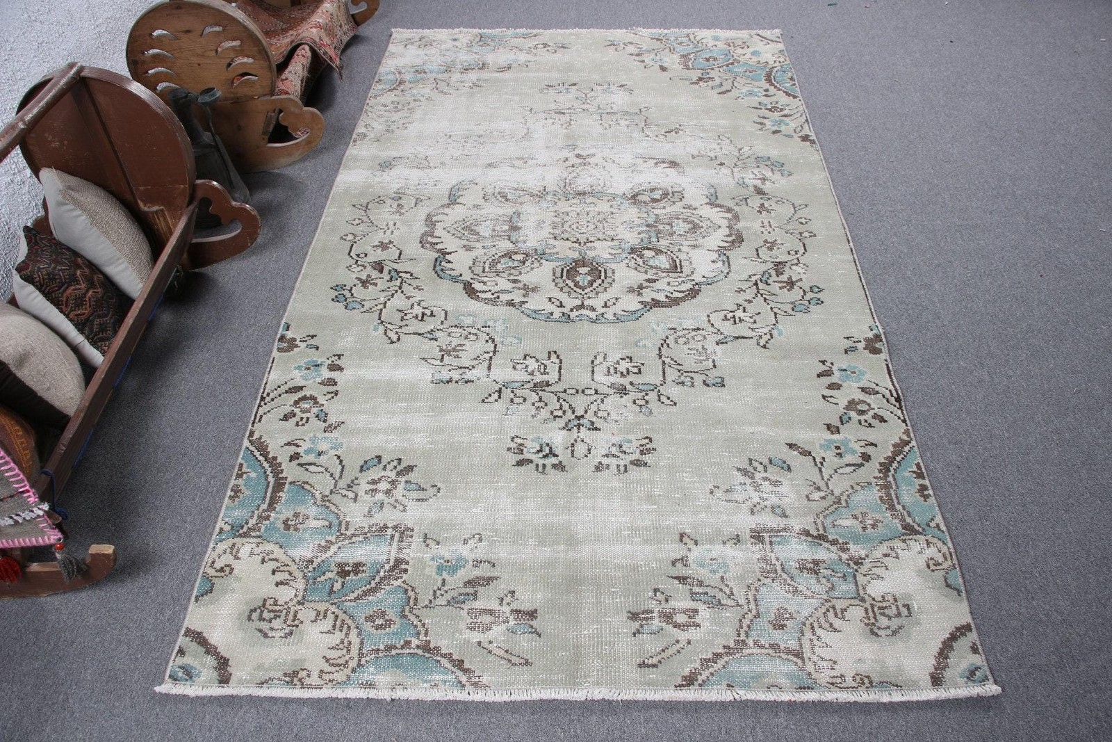 4,4×8,1 ft Turkish Rug, Rug, Gray Floral Rug Wool