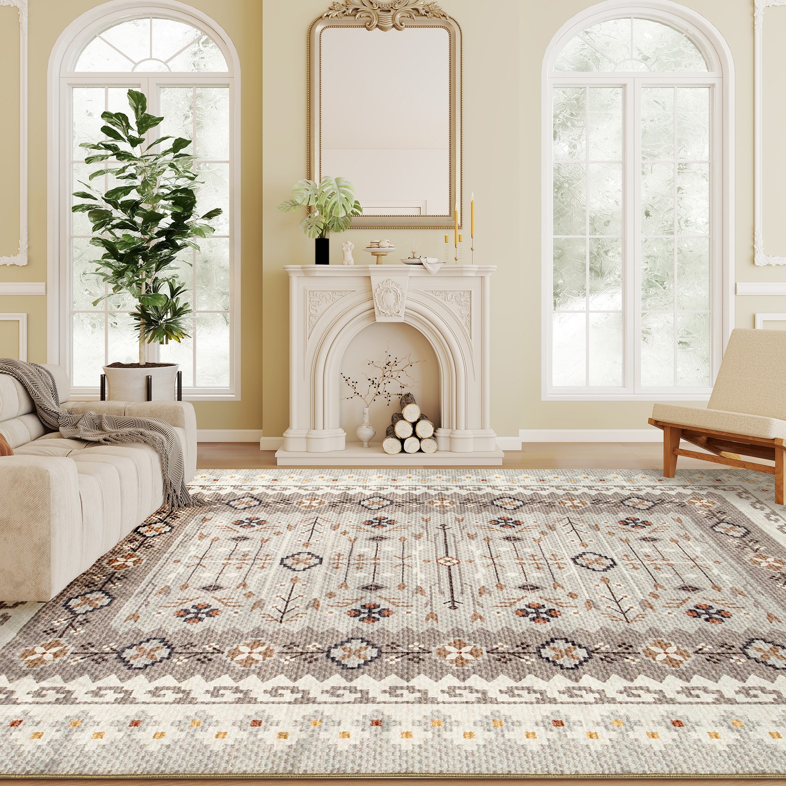Area Rug 4×6, Non-Slip Boho Flannel Print Floor Carpet, Brown
