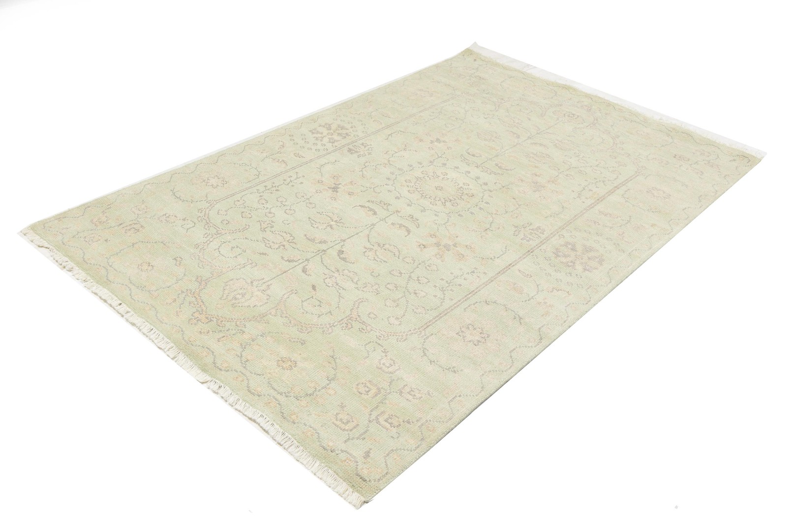 Handmade Muted Light Green Floral Wool Oriental Rug Home Decor Carpet 5X8 ft