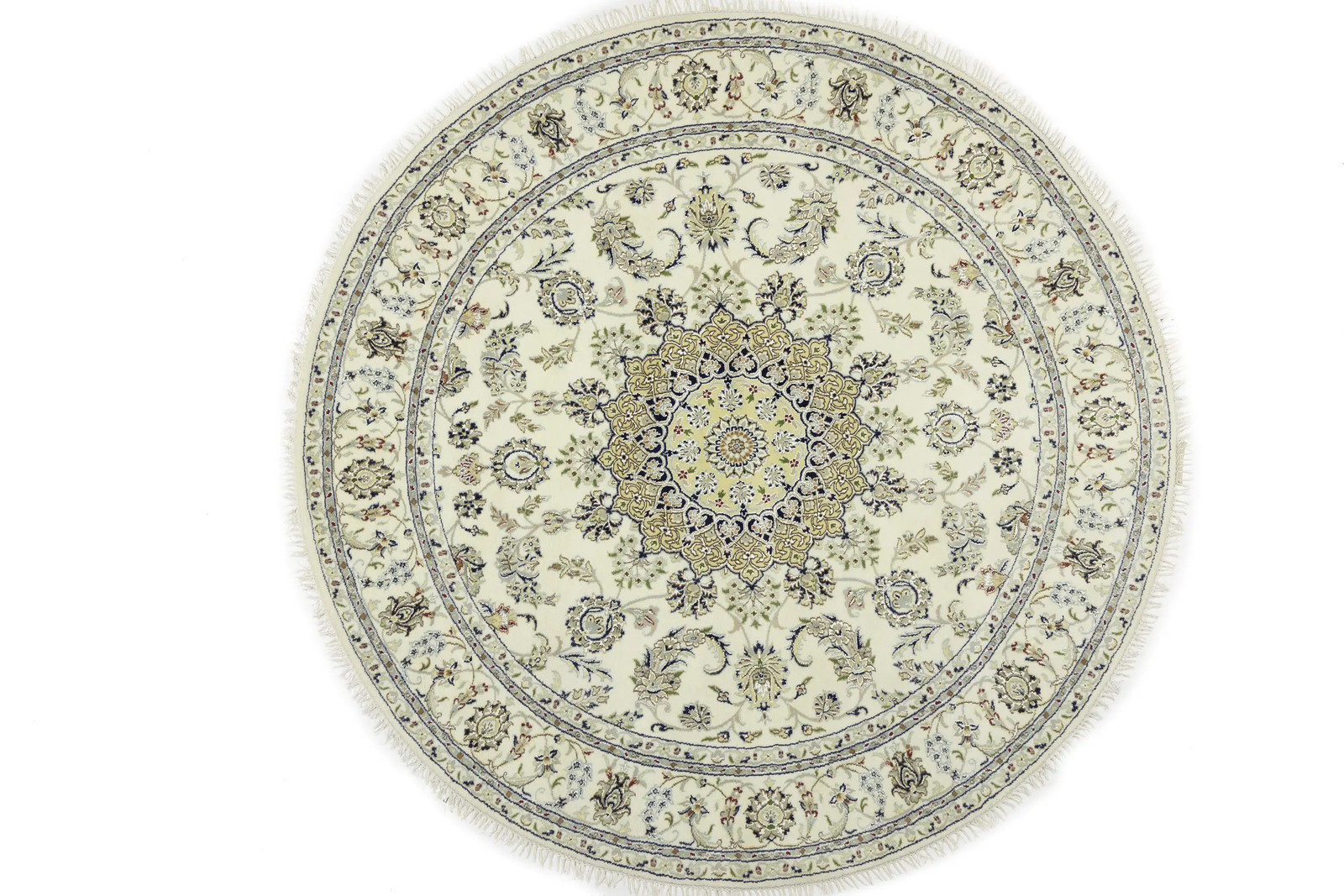 Handmade Cream Traditional Indo-Nain Round Oriental Rug Floral Room Decor 7X7 ft